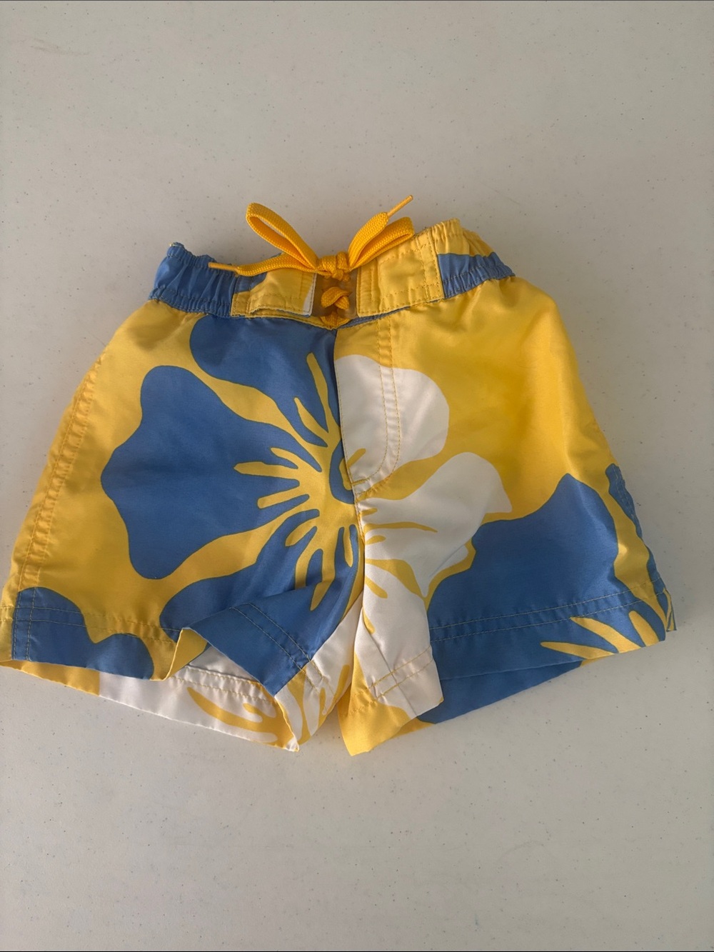 Lands' End Yellow Blue White Floral Kids Swim Trunks